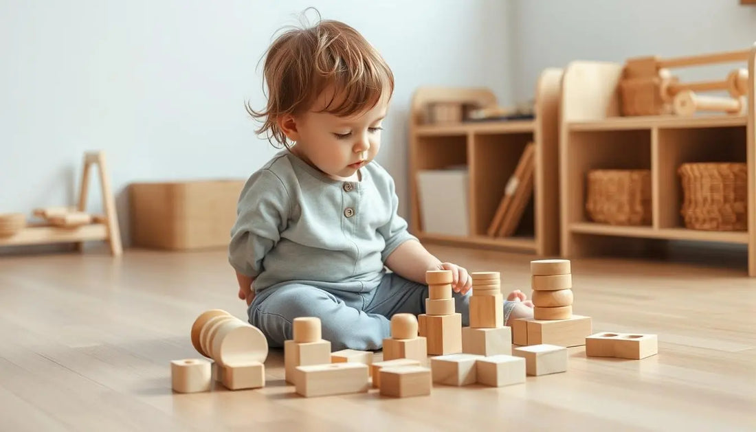 Child playing with wooden Montessori blocks and stacking toys