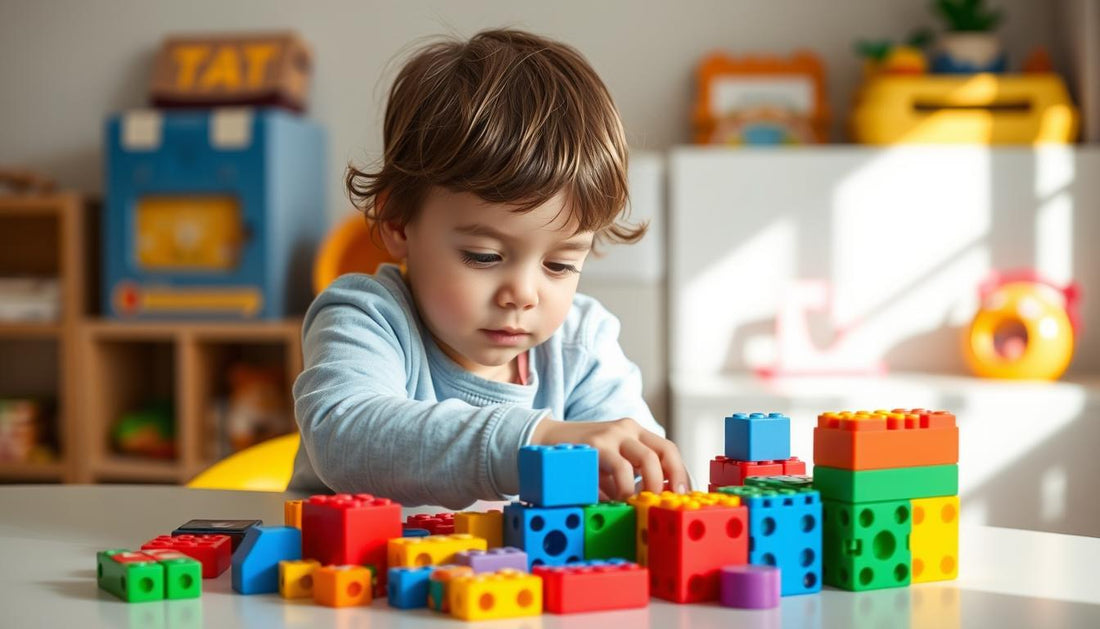 A 5-year-old child playing with colorful educational building blocks, demonstrating the best educational toys for 5 year olds