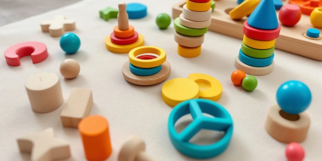 Colorful Montessori toys on a soft play mat.