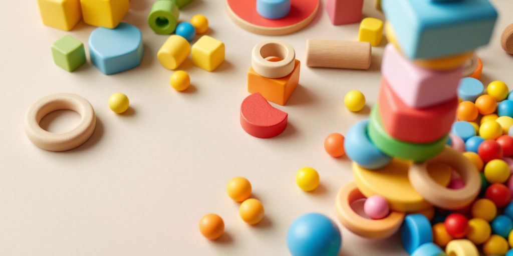 Colorful Montessori toys on a neutral background.