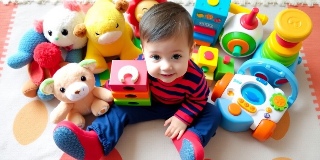 A variety of toys suitable for a one-year-old boy.