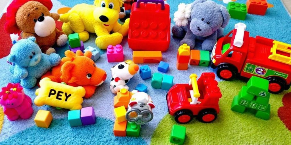 Colorful toys for 2-year-old boys on a rug.