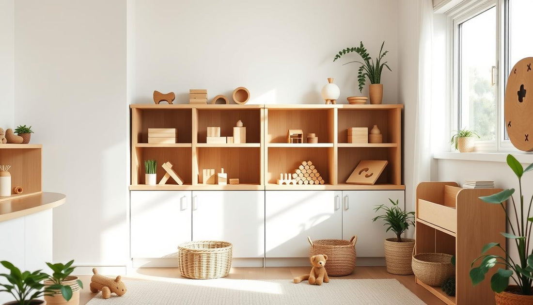 A calm, organized Montessori-style playroom with a small selection of wooden toys thoughtfully arranged on low shelves
