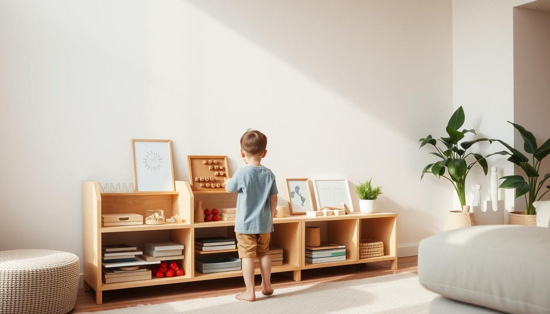 A child independently working at a low shelf with Montessori materials in a calm, organized home environment