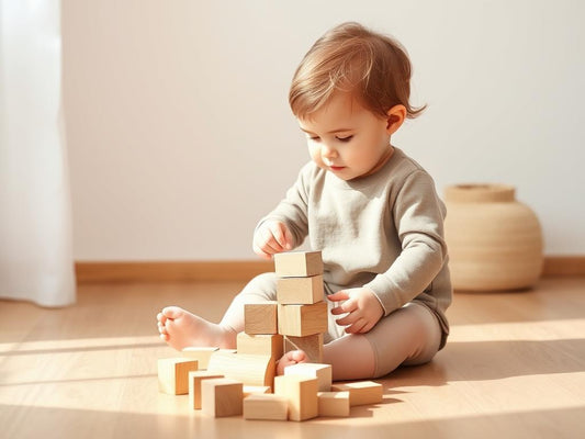 Toddler confidently playing with wooden Montessori blocks