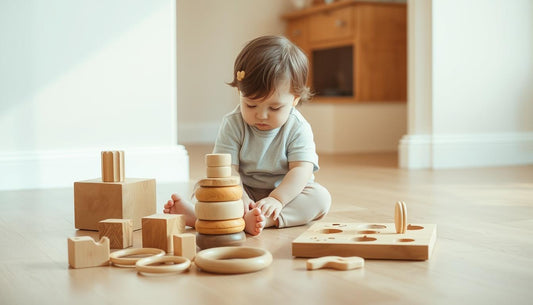 Toddler playing with wooden educational toys that support natural development