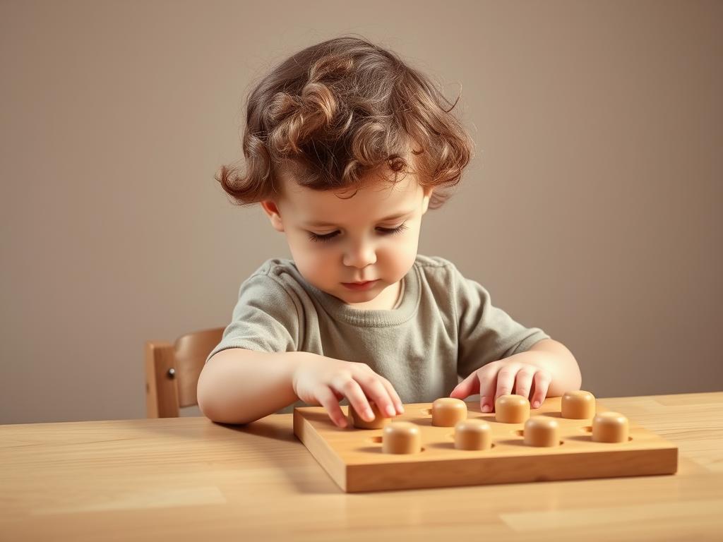 Toddler focused on wooden puzzle with knob pieces