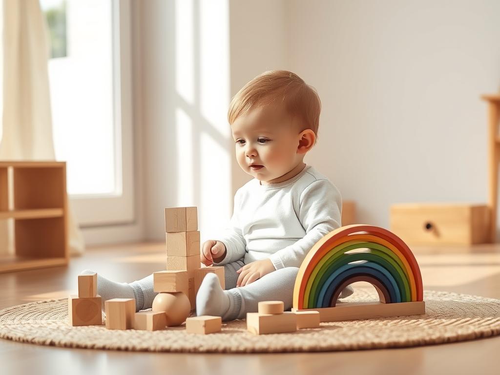 Child playing with wooden educational toys on a natural fiber mat