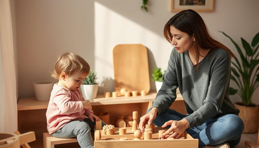 A child engaged in independent play with Montessori materials while a parent observes supportively, illustrating the montessori 