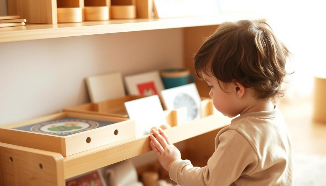 Toddler independently using Montessori-style low shelf with organized materials