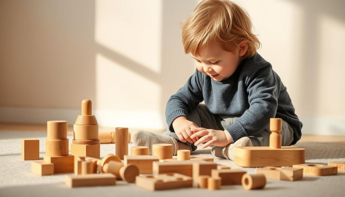 A child aged 2-3 years engaged with wooden Montessori toys including stacking blocks and shape sorters
