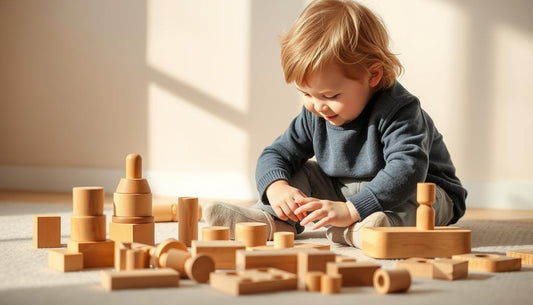 A child aged 2-3 years engaged with wooden Montessori toys including stacking blocks and shape sorters