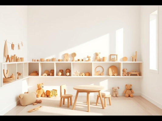 Montessori zones toddlers play area with wooden toys arranged on low shelves