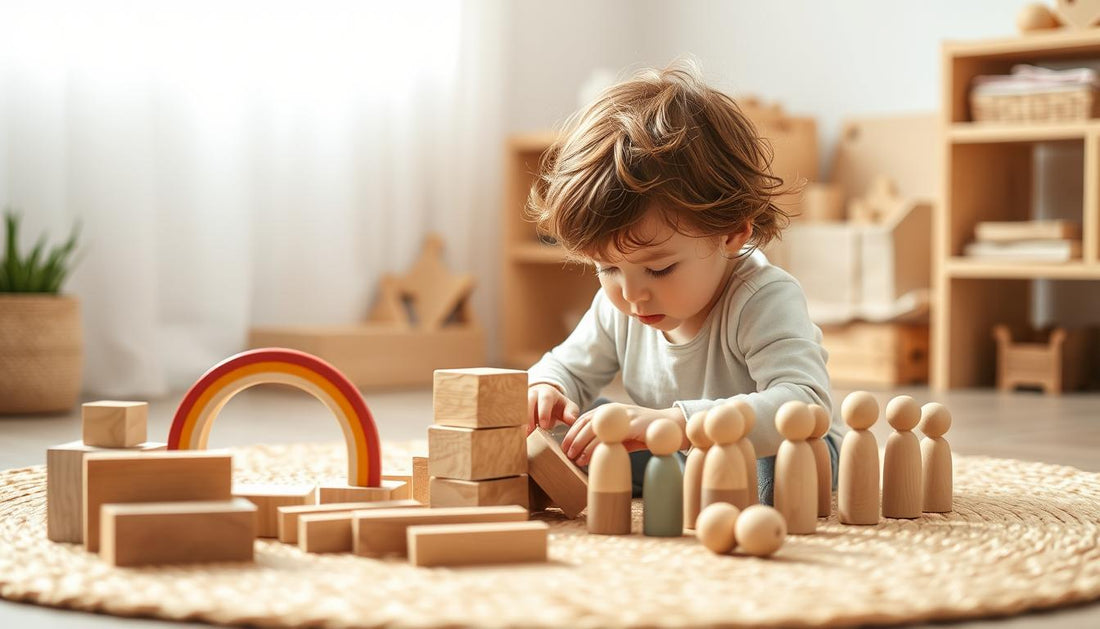 Child playing with wooden open ended toys on a natural fiber rug