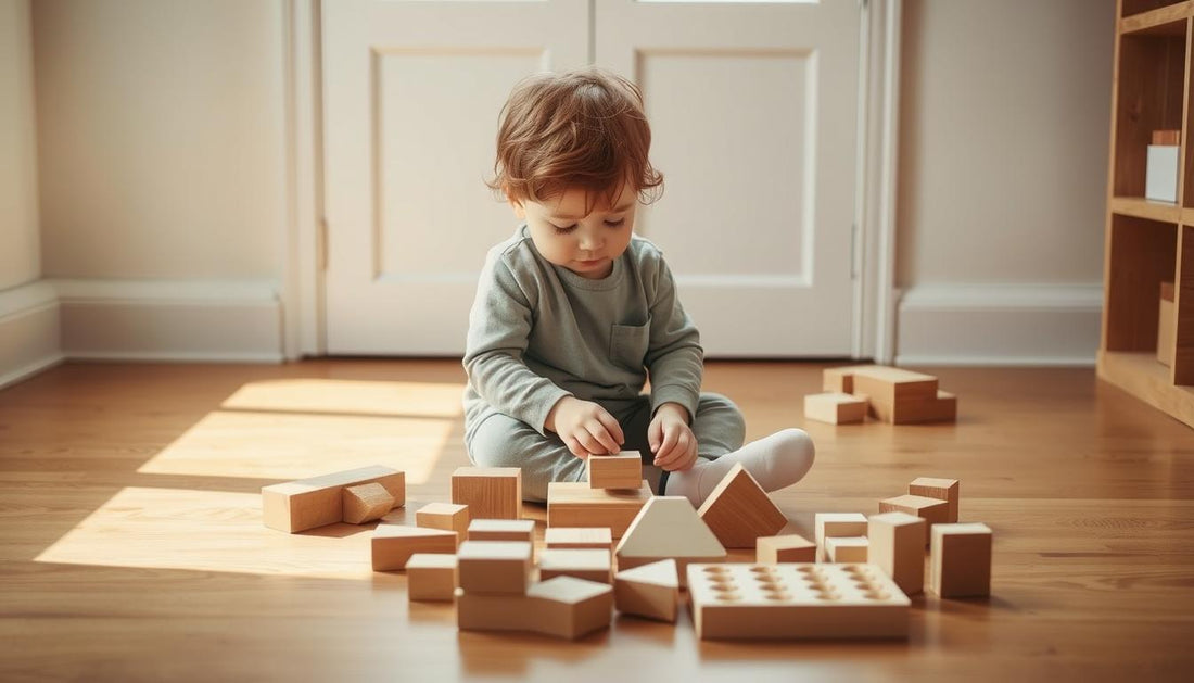 Child playing with wooden spatial reasoning blocks in a calm, natural light setting