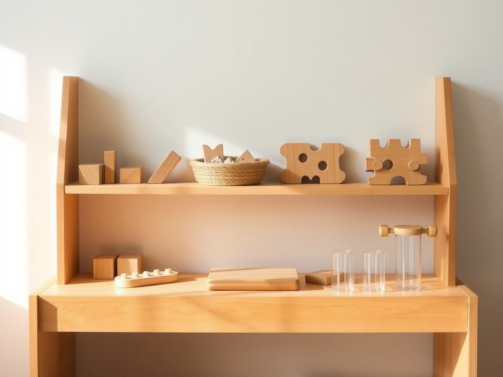A beautiful Montessori shelf with neatly arranged wooden toys and materials at child height