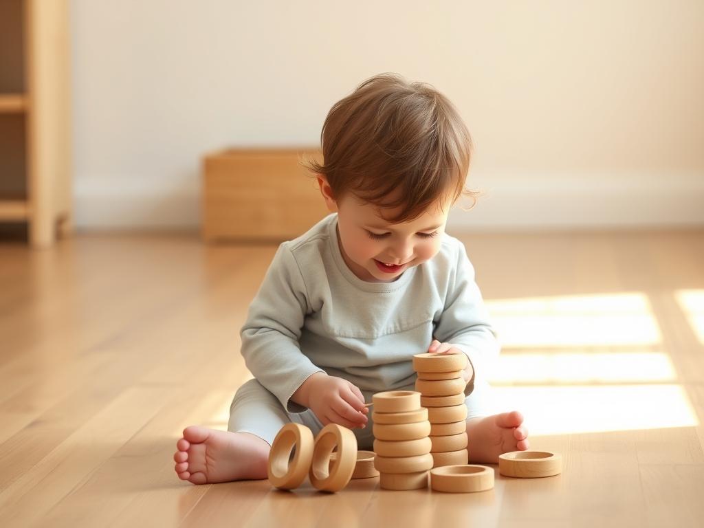 Toddler playing independently with wooden Montessori toys, showing deep concentration