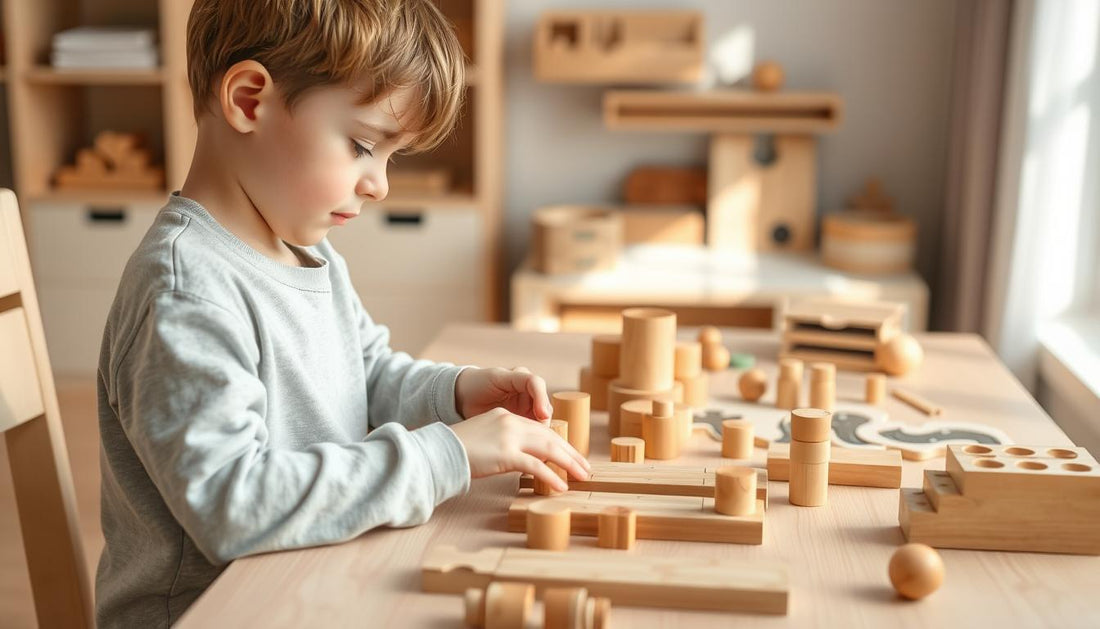 Child with autism engaging with wooden Montessori toys on a natural play surface