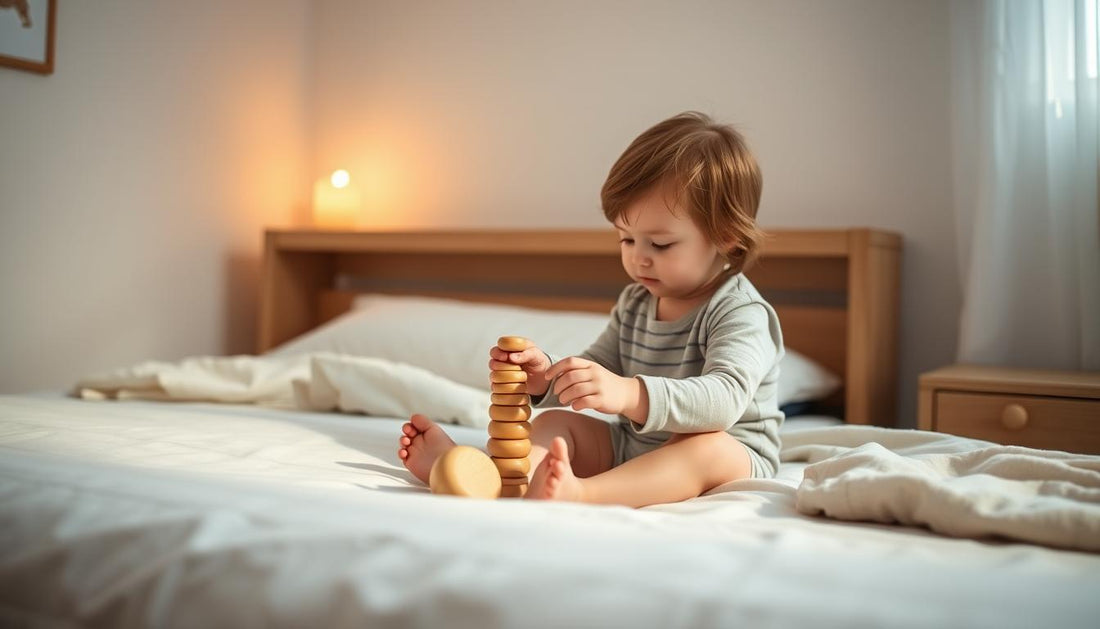 Child playing with wooden Montessori stacking rings in soft evening light, creating a peaceful bedtime routine with bedtime mont
