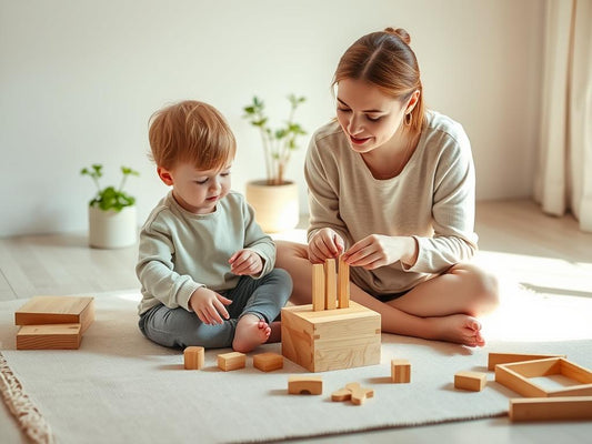 A child and babysitter engaged with wooden Montessori toys on a natural play mat