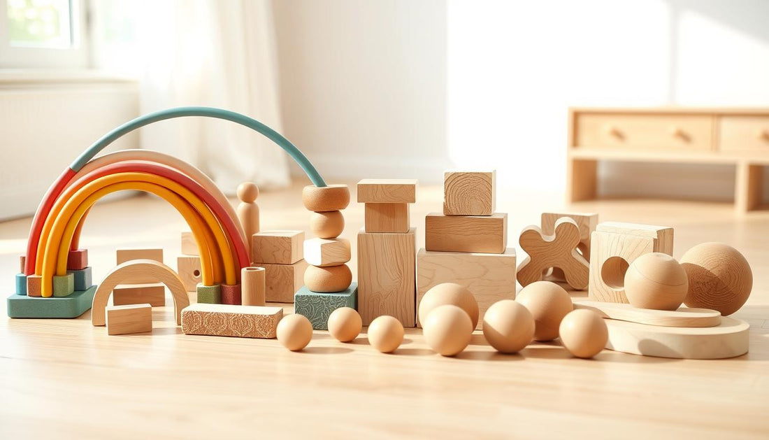 A collection of wooden sensory toys arranged on a natural play surface, including stacking blocks, rainbow arches, and textured 