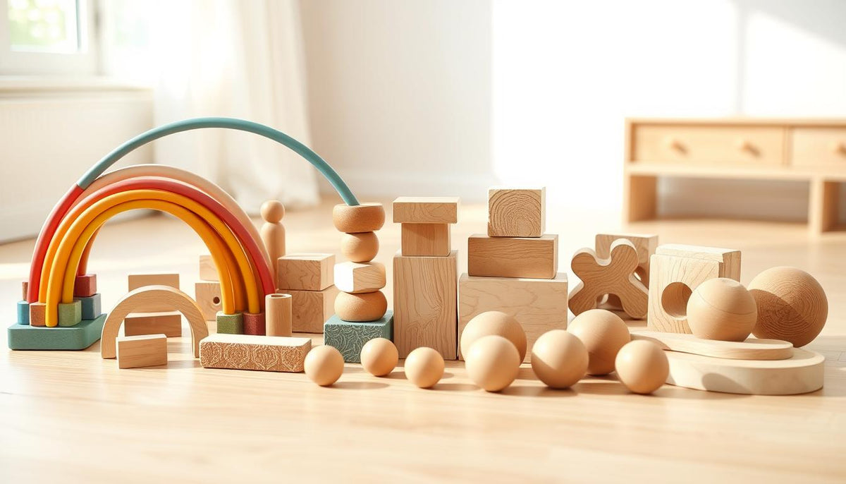 A collection of wooden sensory toys arranged on a natural play surface, including stacking blocks, rainbow arches, and textured 