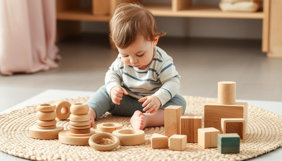 Toddler playing with wooden Montessori toys on a natural play mat