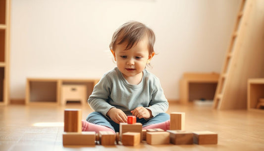 Child playing independently with wooden Montessori counting blocks, demonstrating concentration and engagement with montessori t