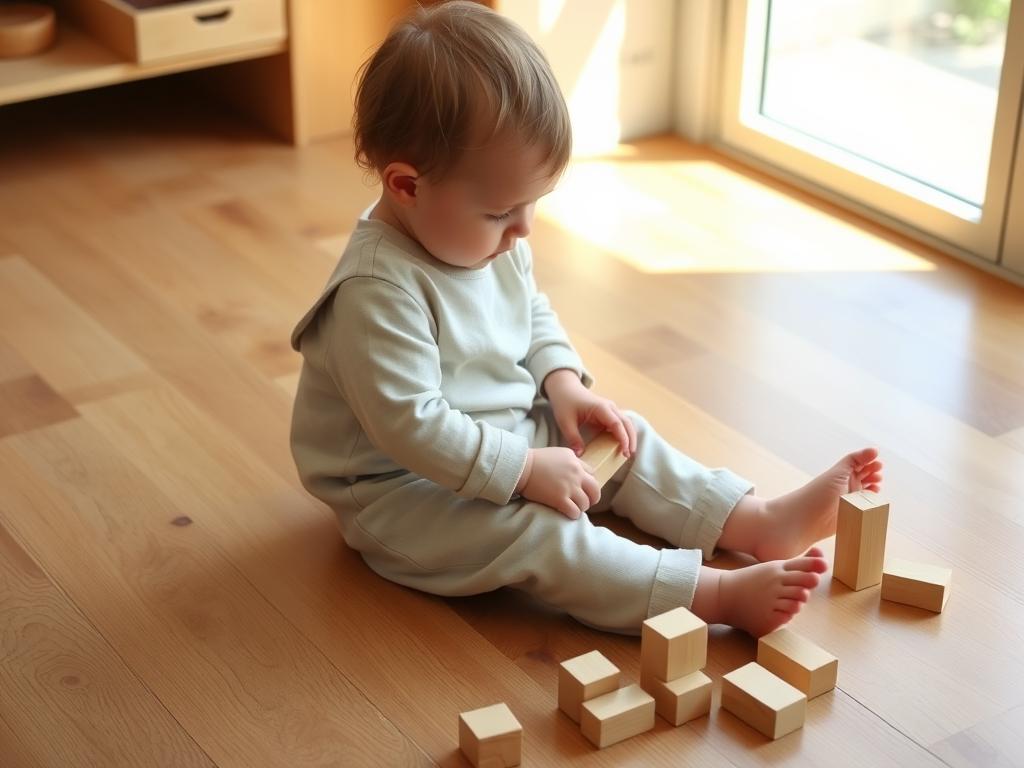 Toddler exploring measurement concepts with wooden blocks of different sizes