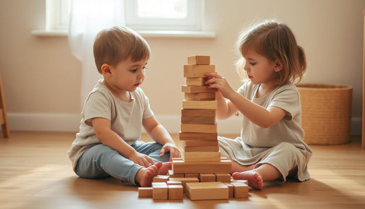 Two siblings playing together with wooden blocks, building a tower collaboratively