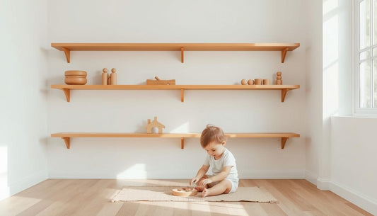 Child playing with wooden toys in a Montessori-inspired space with minimal, organized shelving