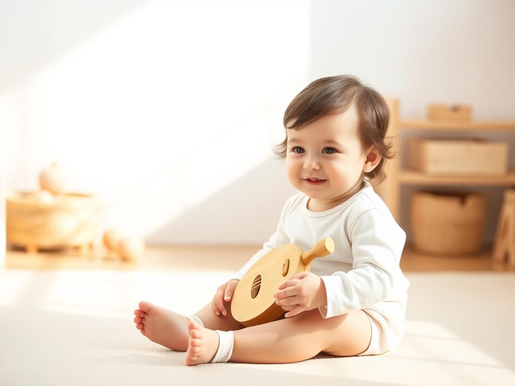 Toddler holding a wooden musical instrument while sitting on a play mat, demonstrating how transition toys toddlers use can prov