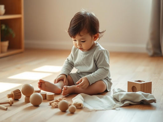 Toddler playing with anxiety-reducing sensory toys in a calm environment
