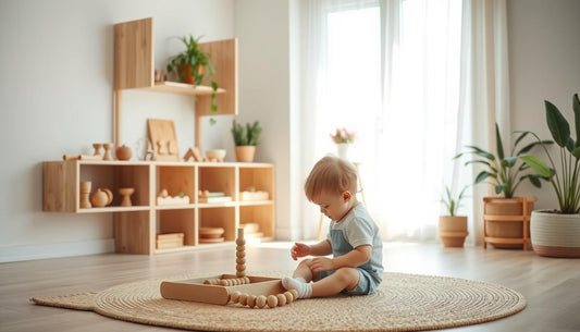 A calm, organized Montessori playroom with natural wooden toys, low shelves, and a child engaged in focused play