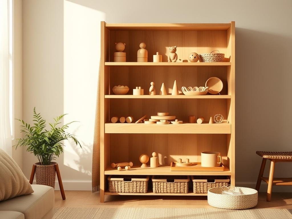 A child-height open shelf with neatly arranged Montessori toys in baskets and on trays