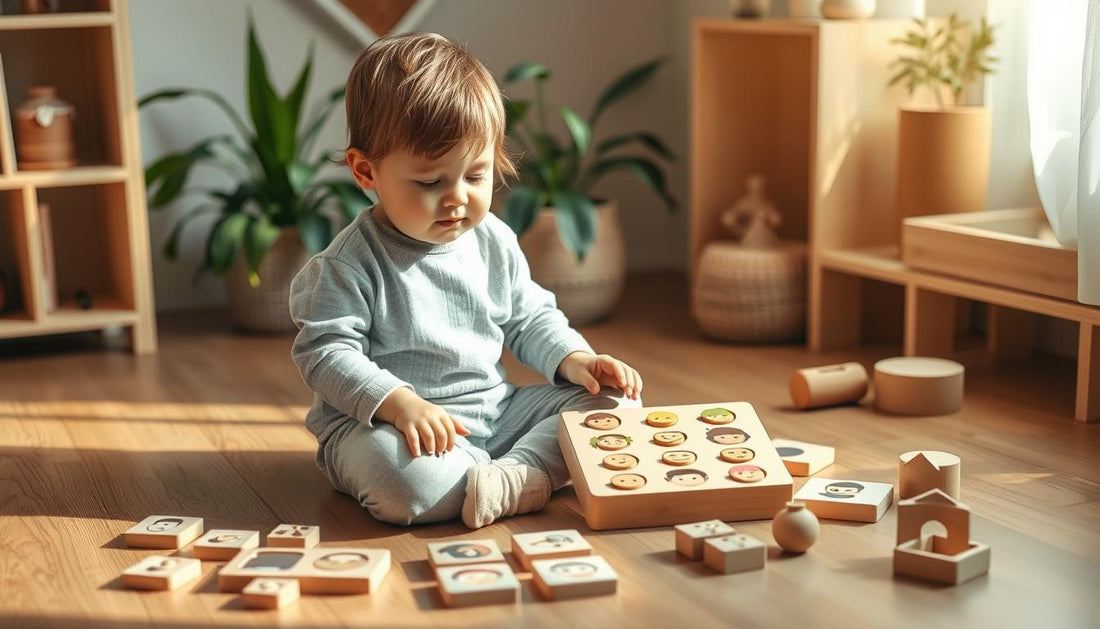 Child calmly playing with emotional regulation toys in a natural setting
