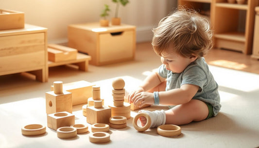 Child engaged with wooden Montessori toys on a natural play mat, demonstrating focused independent play with screen free Montess