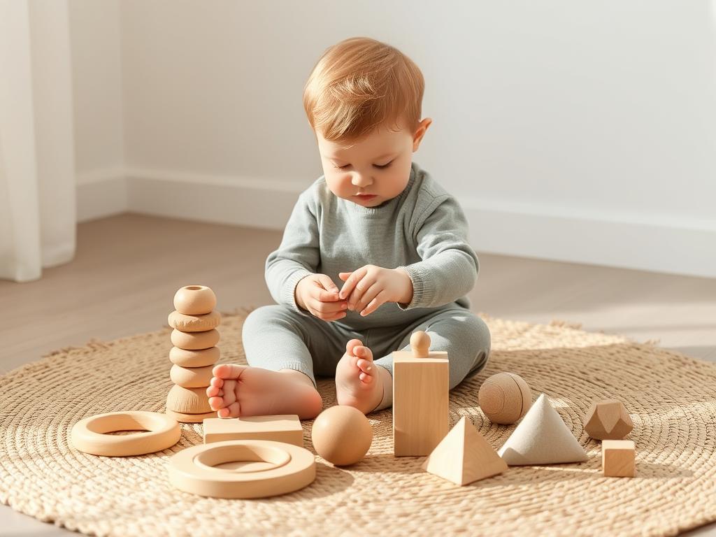 Child playing with wooden Montessori principles toys on a natural fiber mat