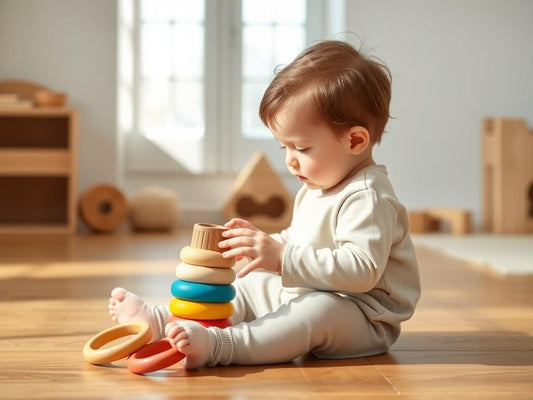 Child exploring wooden Montessori stacking rings with concentration