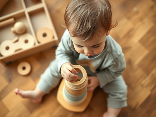 Toddler using wooden stacking rings to develop fine motor skills