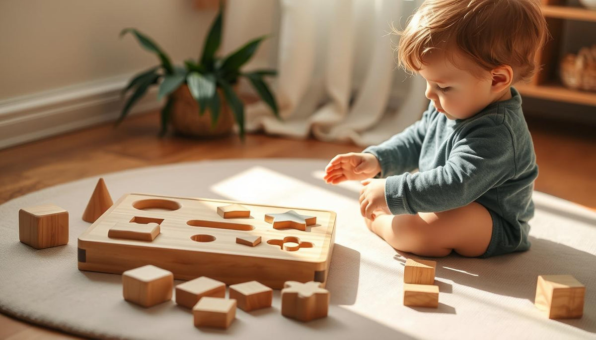 Child playing with wooden shape recognition toys on a natural play mat