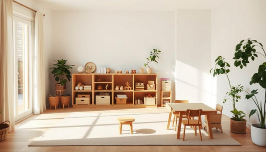A calm, organized Montessori-inspired living room with low shelves, natural materials, and child-accessible areas demonstrating 