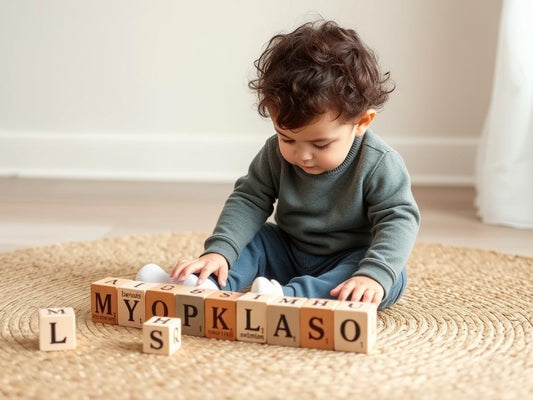 Toddler playing with wooden bilingual alphabet blocks on a natural fiber rug