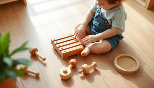 Child exploring Montessori music toys independently on a natural wood floor