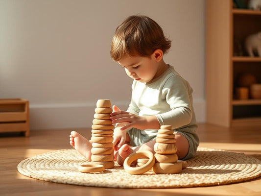 Toddler focused on playing with wooden stacking blocks, demonstrating patience and concentration