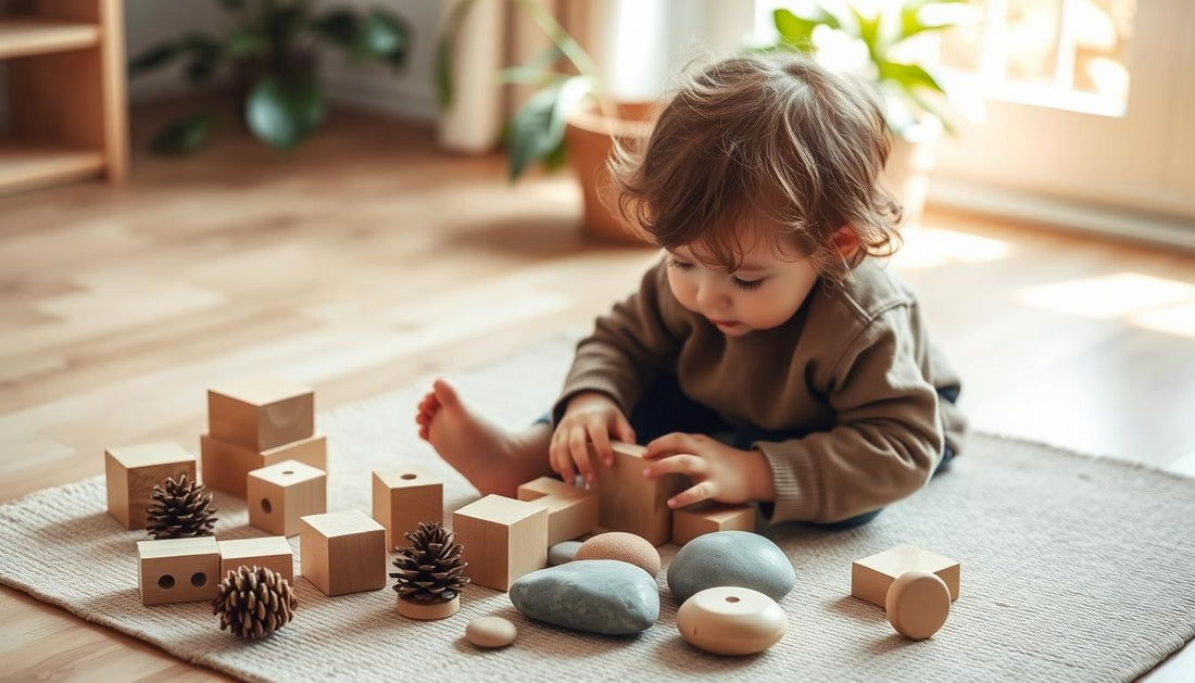 Child playing with wooden Montessori nature toys including pinecones, wooden blocks, and natural materials