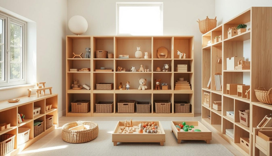 A beautifully organized Montessori playroom with wooden open shelves displaying carefully arranged toys