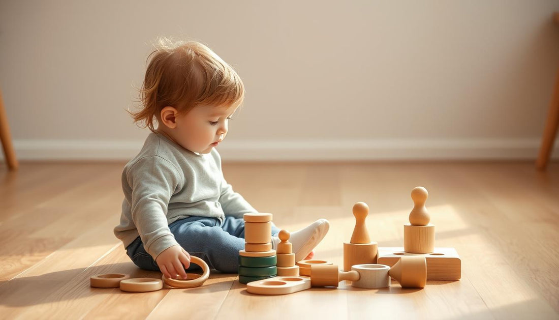 Toddler playing independently with wooden Montessori toys