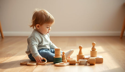 Toddler playing independently with wooden Montessori toys