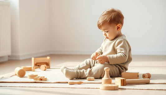 Toddler engaged in focused play with wooden materials on a simple play mat